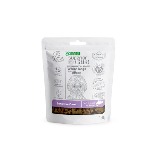 Nature's Protection Superior Care complementary grain free feed - snacks for sensitive care with salmon for junior all breed dogs with white coat