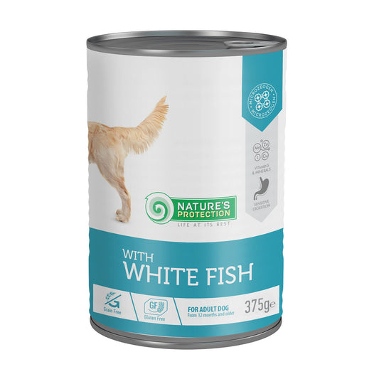 Nature's Protection canned pet food for adult dogs with white fish
