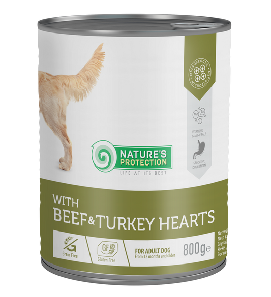 Nature's Protection canned pet food for adult dogs with beef and turkey hearts