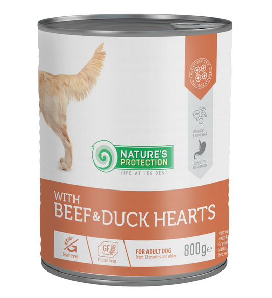 Nature's Protection canned pet food for adult dogs with beef and duck hearts