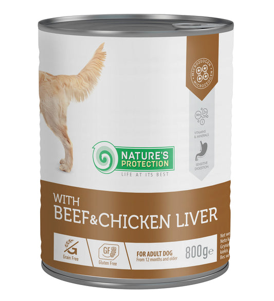 Comida enlatada Nature's Protection para perros adultos con carne de res y hígado de pollo