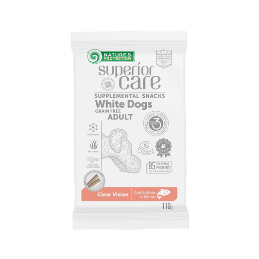 Nature's Protection Superior Care snacks with salmon for adult dogs with white and light coat