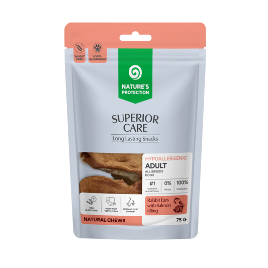NATURE'S PROTECTION SUPERIOR CARE dog snack rabbit ear with salmon filling for adult all breed dogs