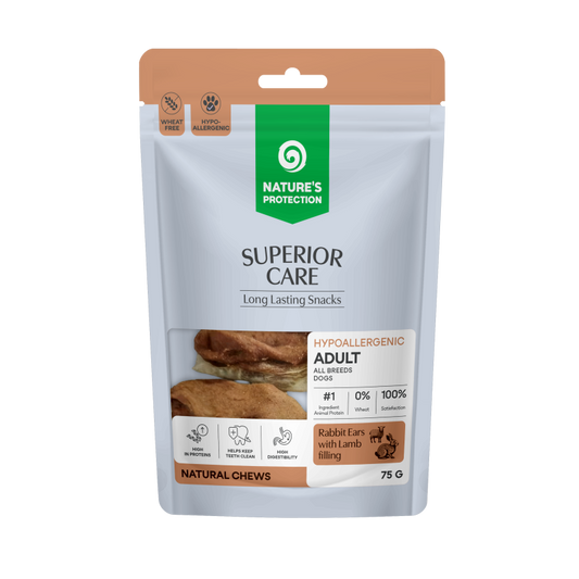 NATURE'S PROTECTION SUPERIOR CARE  dog snack rabbit ear with lamb meat filling for adult all breed dogs