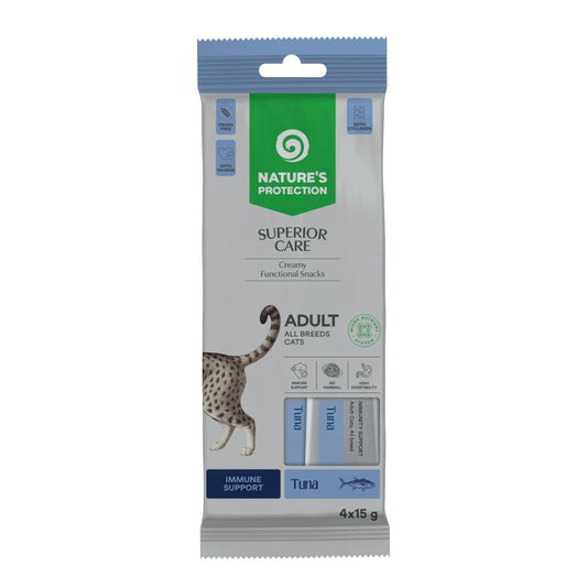 Nature's Protection Superior Care Immunity Support kreemjas funktsionaalne maius täiskasvanud kassidele tuunikalaga, 4 × 15 g