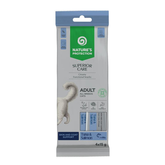 Nature's Protection Superior Care Skin&Coat kreemjas funktsionaalne maiuspala tuuni ja lõhega täiskasvanud kassidele, 4 × 15 g