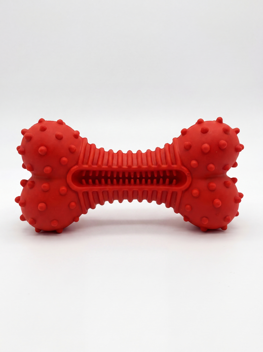 MISOKO Strong dog toy, rubber, bone-shaped, beef-scented, with treat cavity, red, 19 cm