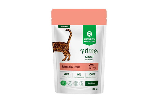Wet food for adult sterilised cats of all breeds, with salmon and trout