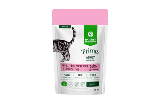 Wet food for adult cats of all breeds, with white fish, anchovies and cranberries