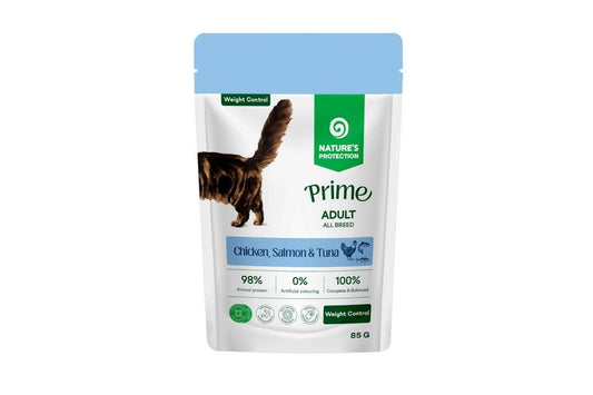 Wet food for weight control for adult cats of all breeds, with chicken, salmon and tuna