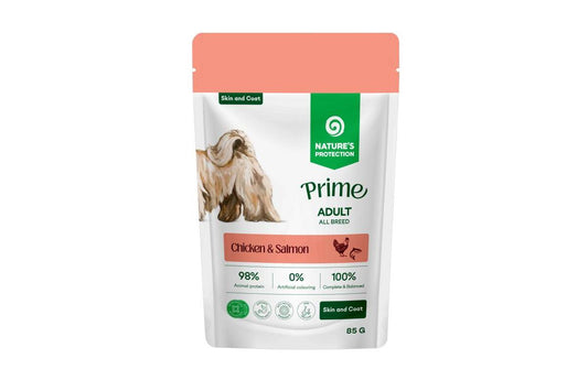 Wet food for adult dogs of all breeds, for skin and coat, with chicken and salmon