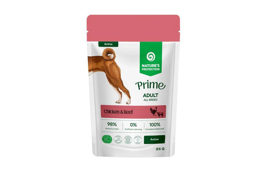 Wet food for adult dogs of all breeds to maintain energy levels, with chicken and beef