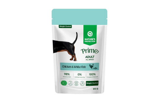 Wet food for weight control for adult dogs of all breeds, with chicken and white fish