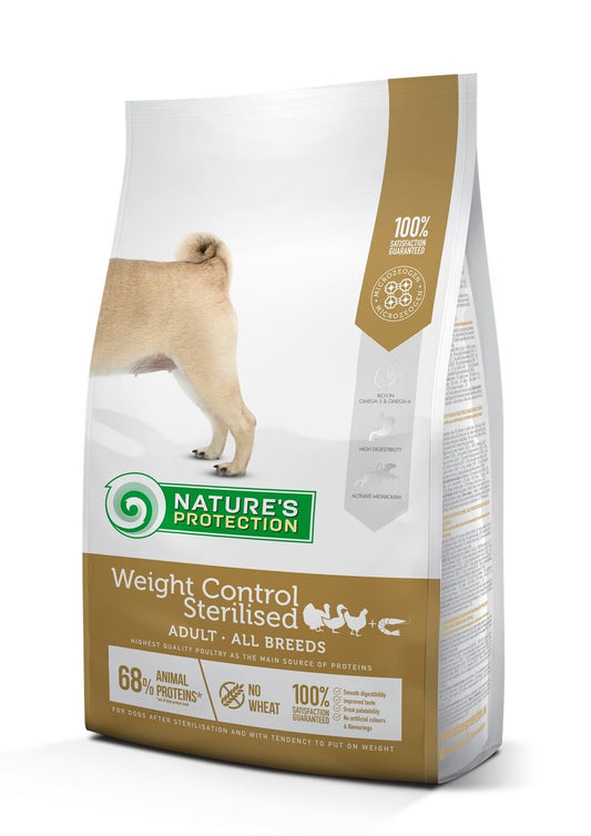Nature's Protection dry food for adult dogs of all breeds for weight control after sterilization, with poultry and krill