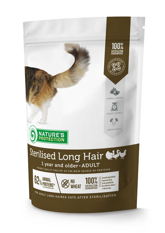 Nature's Protection dry food for adult long haired cats after sterilisation with poultry