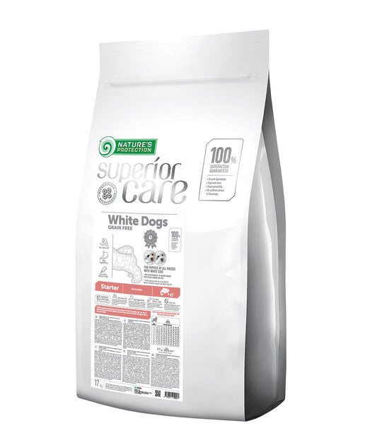 Nature's Protection Superior Care dry grain free food for puppies of all breeds with white coat, with salmon