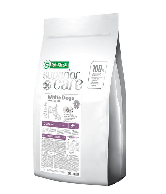 Nature's Protection Superior Care dry grain free food for junior dogs of all breeds with white coat, with salmon