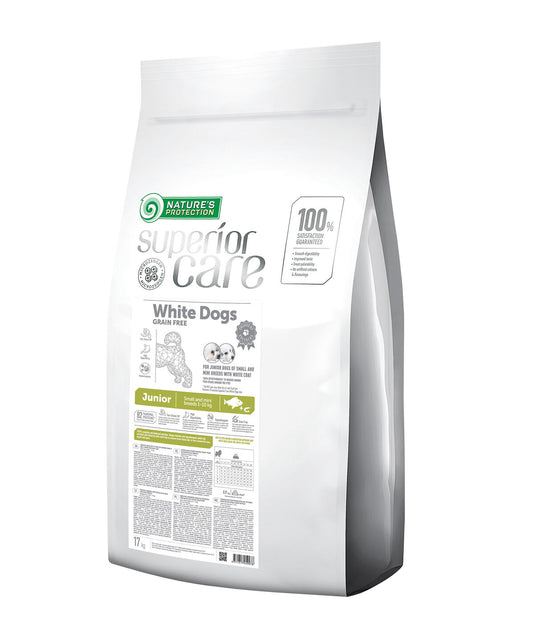Nature's Protection Superior Care dry grain free food for junior small and mini breed dogs with white coat, with white fish