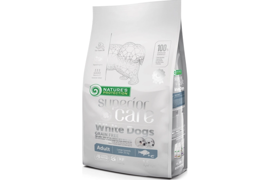 Nature's Protection Superior Care tørfoder med hvid fisk til voksne hunde af store racer med hvid pels