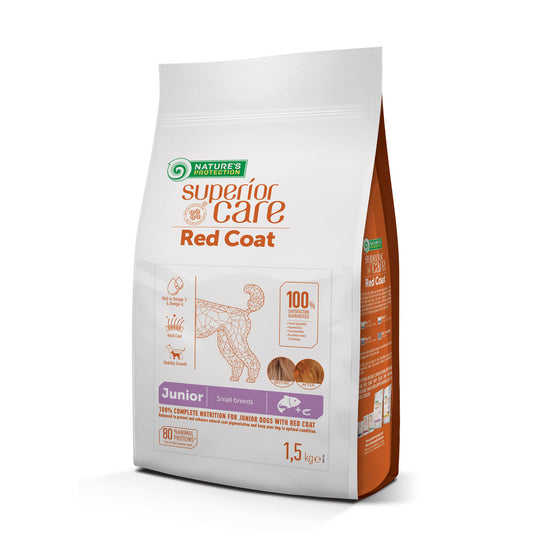 Nature's Protection Superior Care dry grain free food for junior dogs of small breeds with red coat, with salmon