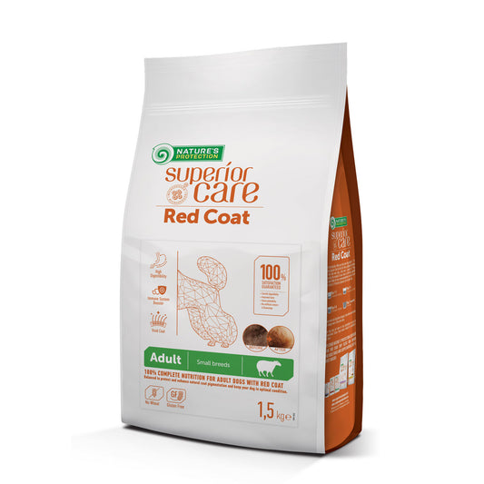 Nature's Protection Superior Care dry grain free food for adult dogs of small breeds with red coat, with lamb