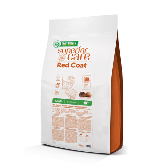 Nature's Protection Superior Care dry grain free food for adult dogs of small breeds with red coat, with lamb
