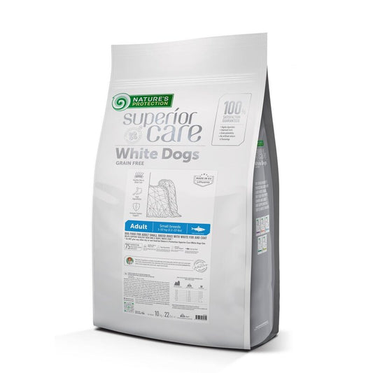 Nature's Protection Superior Care dry grain free pet food with herring for adult dogs of small breeds with white coat