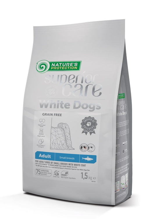 Nature's Protection Superior Care dry grain free pet food with herring for adult dogs of small breeds with white coat