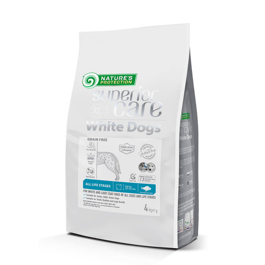 Nature's Protection Superior Care dry grain free pet food with white fish for dogs of all sizes and life stages with white coat