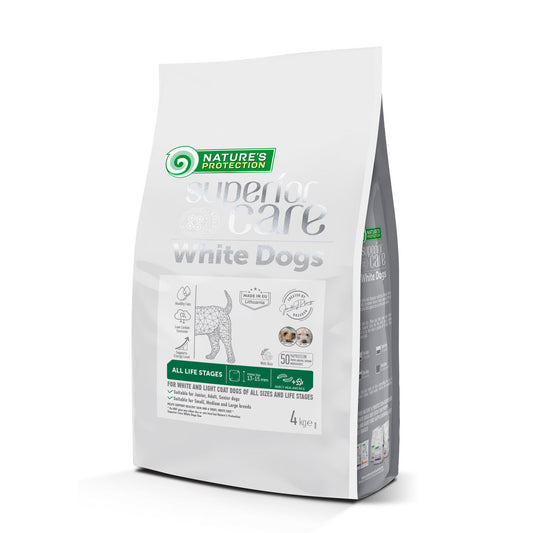 Nature's Protection Superior Care dry pet food with insect for dogs of all sizes and life stages with white coat