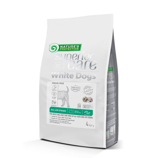 Nature's Protection Superior Care dry grain free pet food with insect for dogs of all sizes and life stages with white coat