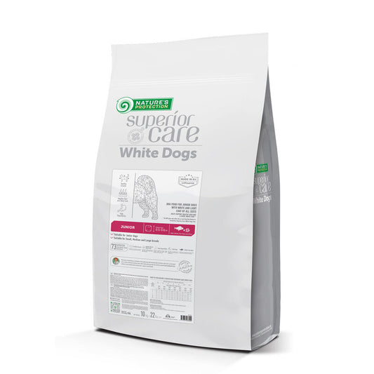 Nature's Protection Superior Care dry pet food with white fish protein for junior dogs of all sizes with white coat