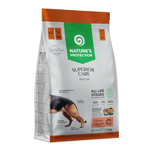 Dry pet food with salmon and krill with for dogs of all sizes and life stages with red coat