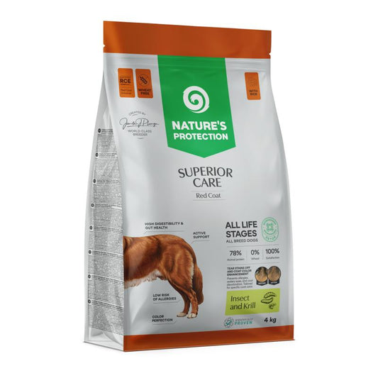 Dry pet food with insect, krill and rice for dogs of all sizes and life stages with red coat