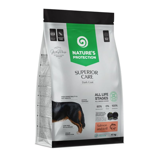 Dry pet food with salmon, krill and rice for dogs of all sizes and life stages with dark coat