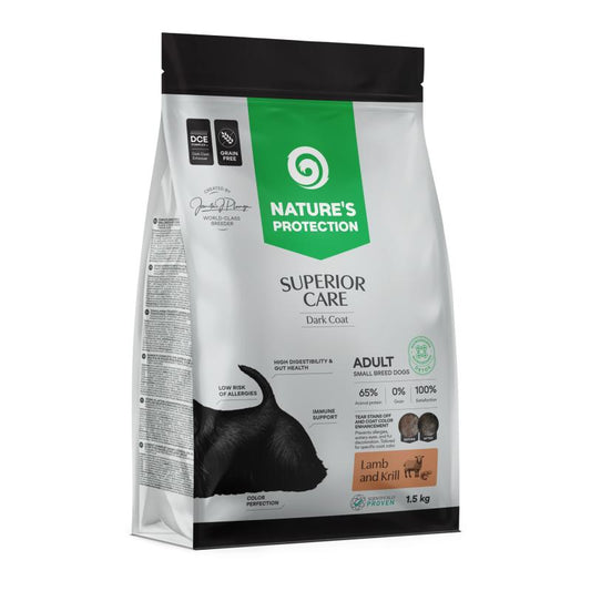 Dry pet food with lamb for adult small breed dogs with dark coat