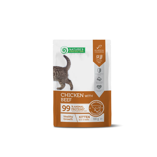 Nature's Protection canned pet food with chicken and beef for kittens to support healthy growth