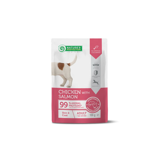 Nature's Protection canned pet food with chicken and salmon for adult dogs, to support healthy skin and coat