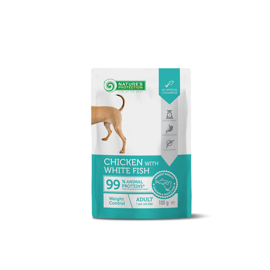 Nature's Protection canned pet food with chicken and white fish for adult dogs, for weight contro
