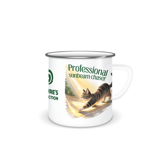NATURE’S PROTECTION enamel mug with cat illustration “Professional Sunbeam Chaser”, 350 ml