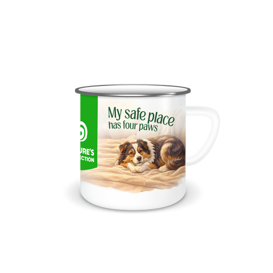 NATURE’S PROTECTION enamel mug with dog illustration “My Safe Place Has Four Paws”, 350 ml