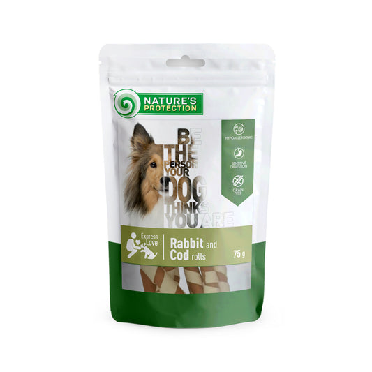 Snack para perros Nature's Protection rollos de conejo y bacalao