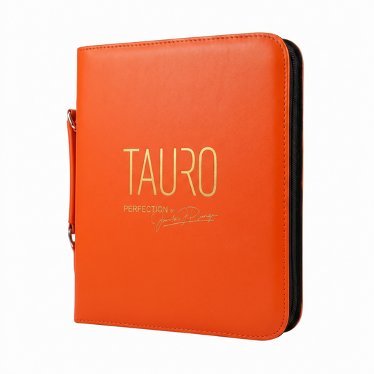 TAURO faux leather scissor case with handle, holds 10 scissors, orange