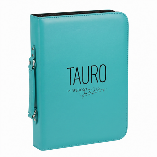 TAURO faux leather scissor case with handle, holds 16 scissors, blue