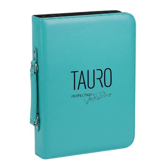 TAURO faux leather scissor case with handle, holds 16 scissors, blue
