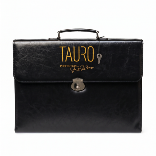 TAURO faux leather scissor case with handle and lockable lock, holds 30 scissors, black