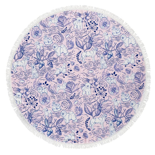 Tauro Pro Line round microfiber towel, unique design, pink with blue details and fringes