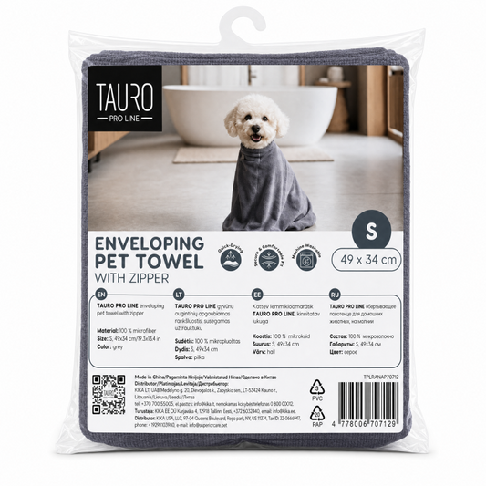 TAURO PRO LINE enveloping pet towel with zipper, grey, size S, 49x34 cm
