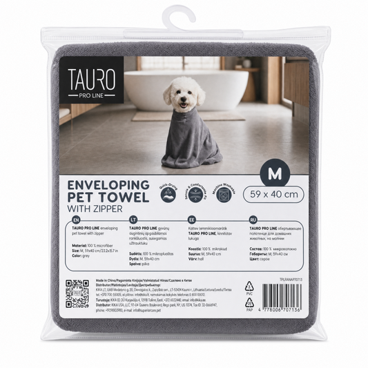 TAURO PRO LINE enveloping pet towel with zipper, grey, size M, 59x40 cm