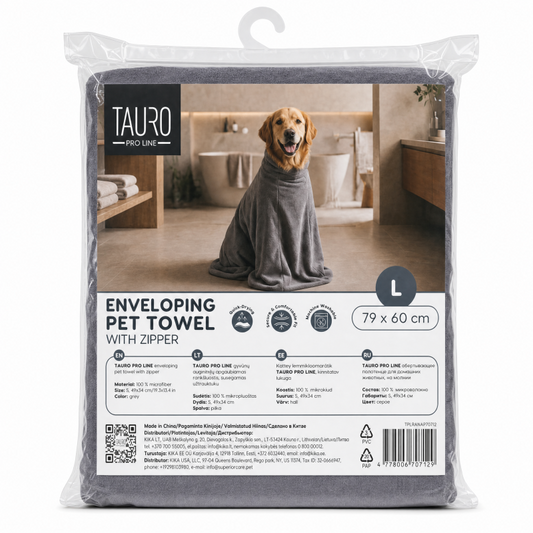TAURO PRO LINE enveloping pet towel with zipper, grey, size L, 79x60 cm